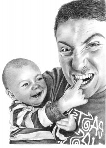 Pencil Portrait of Dad with Baby Son