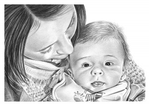 Pencil Drawing of Mother and Baby Son