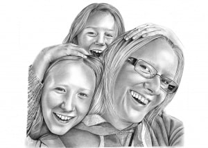 Pencil Drawing of Mum, Son and Daughter