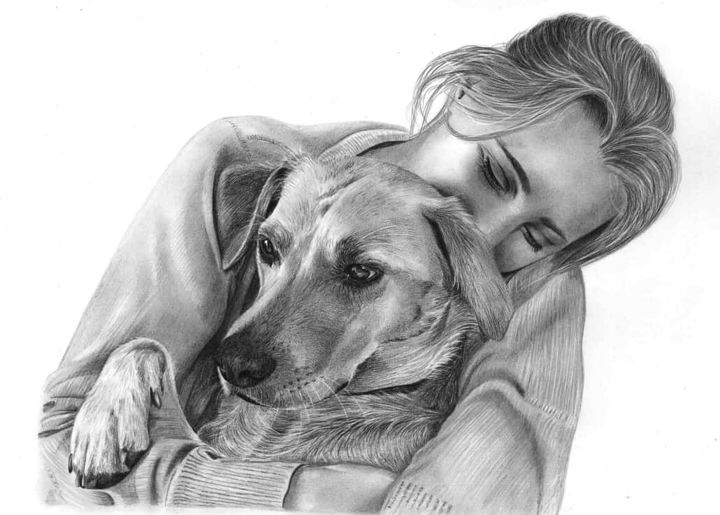 Pencil Drawing of Woman with Labrador