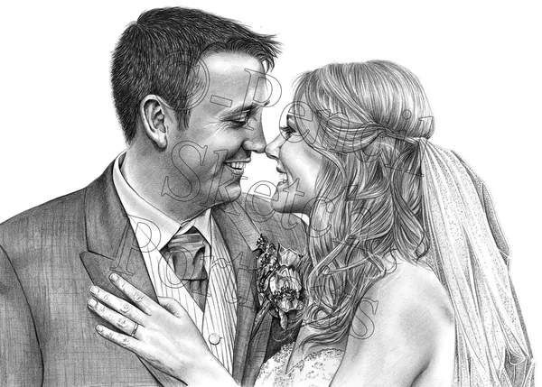 Pencil portrait of a bride and groom smiling at each other, hand-drawn from a photograph by Angela Maher