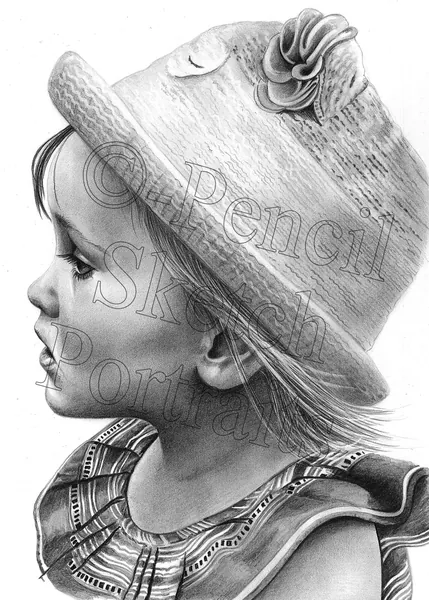 Pencil portrait of a young girl in profile wearing a sun hat, hand-drawn from a photograph by Angela Maher