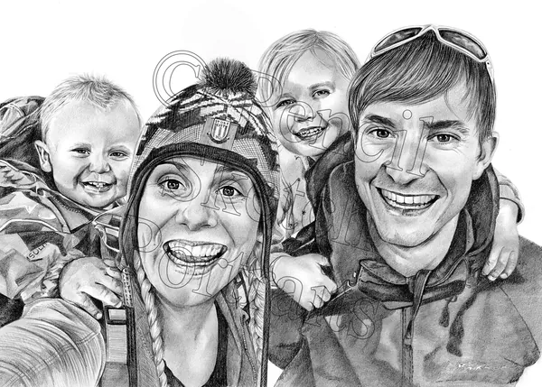 Pencil portrait of a family of four with two children on their parents' shoulders, hand-drawn from a photograph by Angela Maher