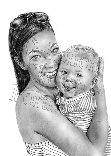 Pencil portrait of a mother holding her laughing baby, hand-drawn from a photograph by Angela Maher