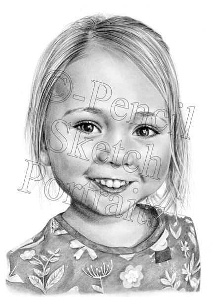 Pencil portrait of a smiling young girl in a floral top, hand-drawn from a photograph by Angela Maher